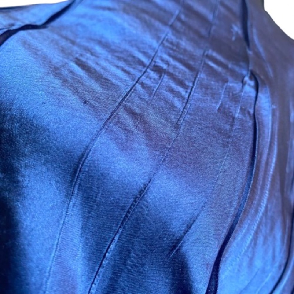 KOMAROV V-Neck Pleated Dress w/ Sheer Sleeves & Hemline Size Small Blue - Picture 14 of 14